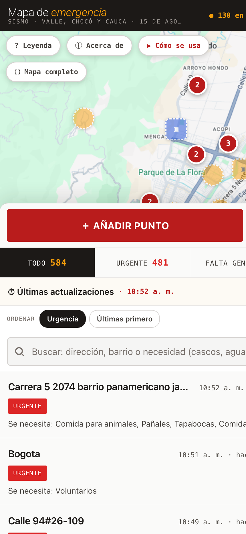 Vista móvil con el mapa, el botón de añadir punto y la lista