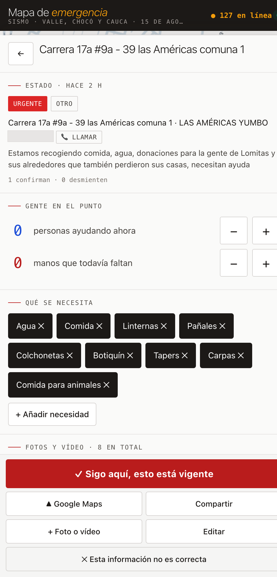 Ficha de un punto con estado, necesidades, contadores de gente y botones de confirmar o desmentir