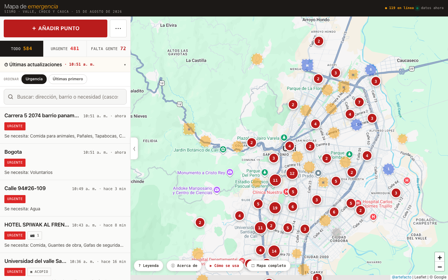 Mapa de Cali con marcadores de colores, lista de puntos y contadores